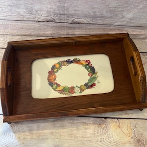 Vintage borduursteek houten glazen dienblad handgrepen fruit kruissteek 16,5 x 10 x 3