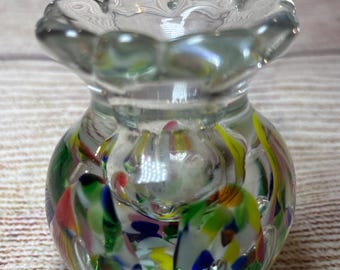 Vtg Joe Zimmerman Art verre presse-papiers vase porte cure-dents 1980 multicolore 2,5"