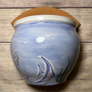 Vtg Duck Pond Pottery North Carolina Art Pottery Planter Flat Backed Blue Fish