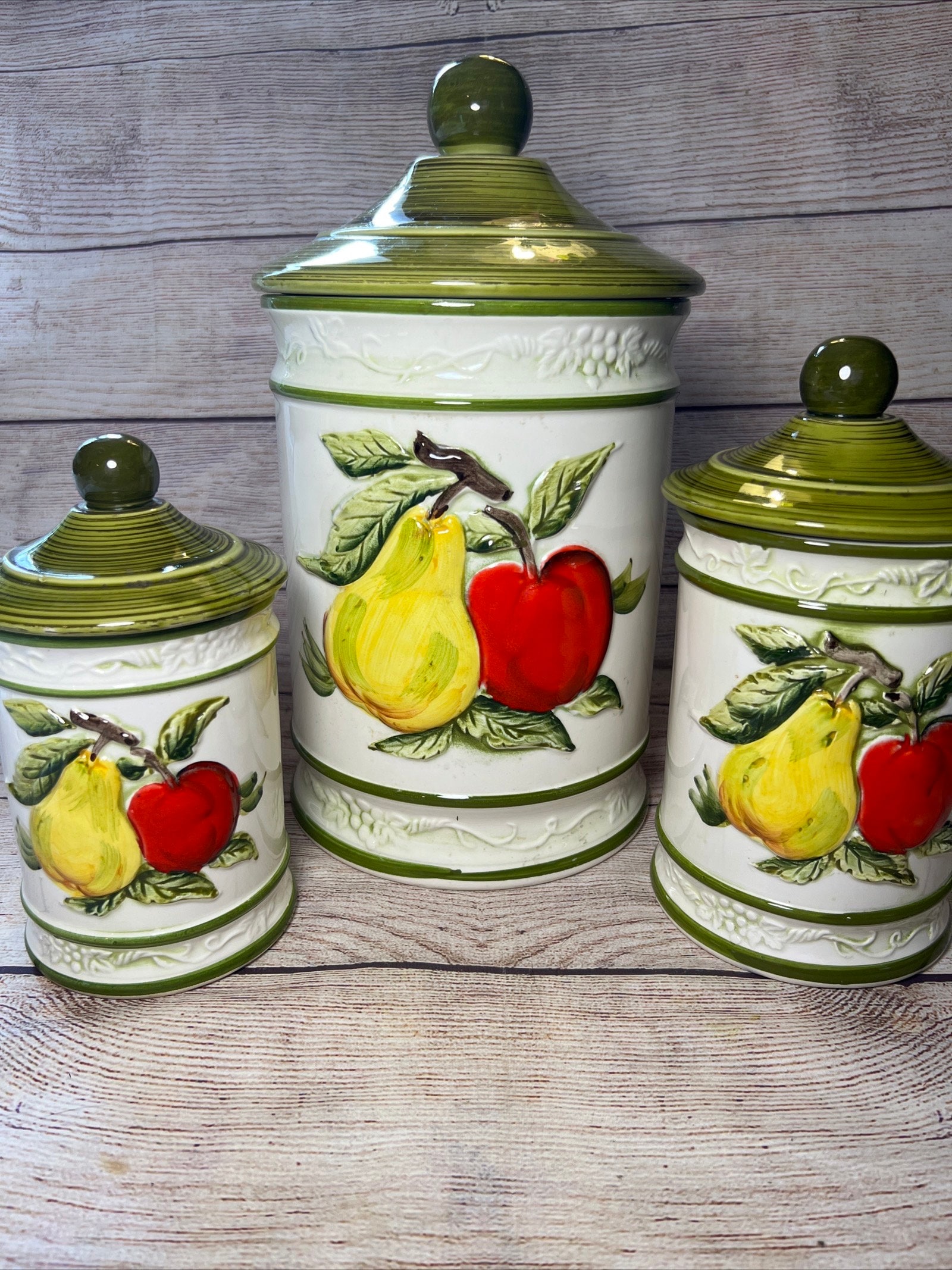アンティーク雑貨 Ceramic handmade Canister Vintage Ceramic Canister Set Of 3 With Fruits & Basket weave