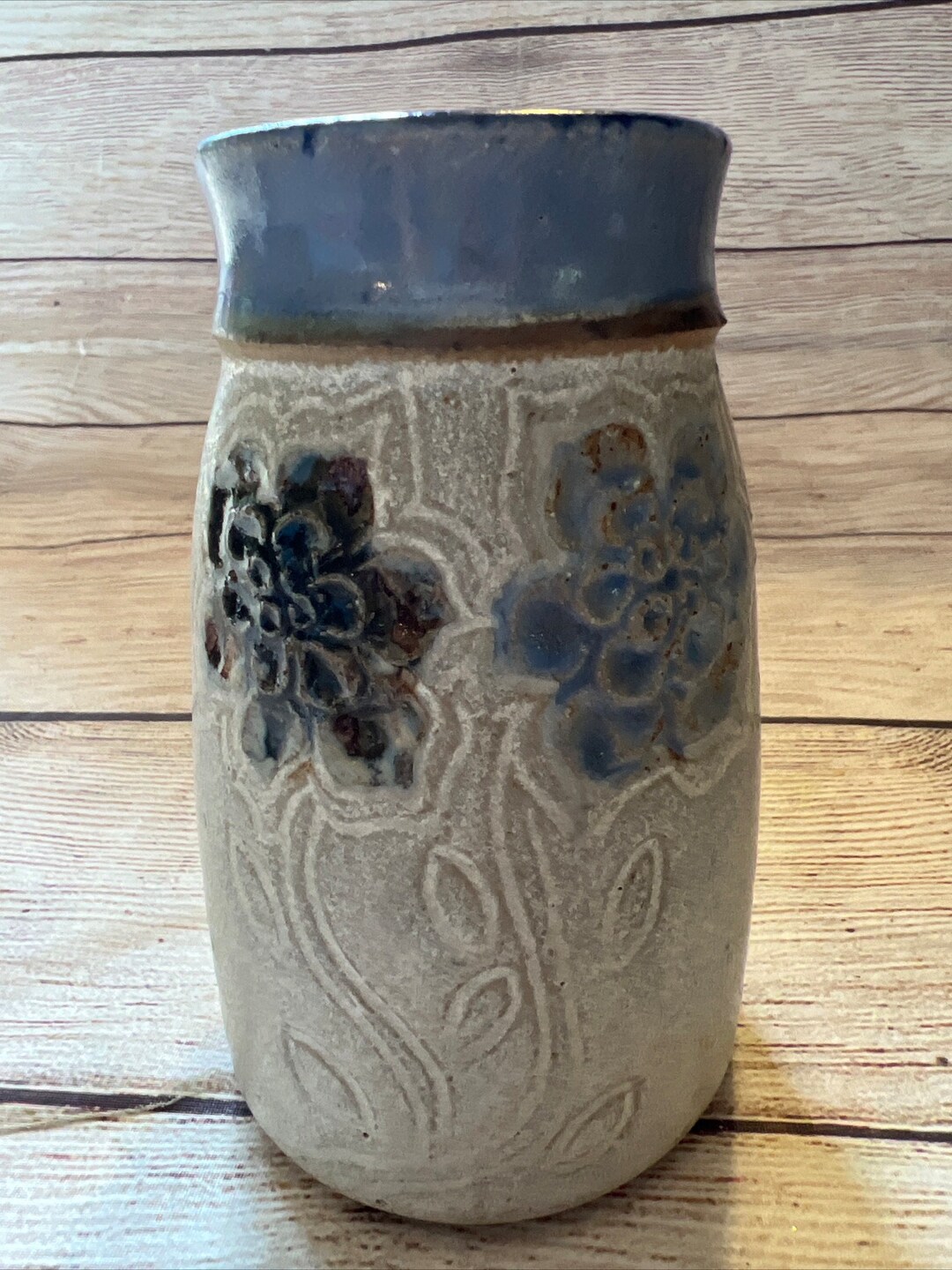 Hand Thrown Glazed Stoneware Pottery Vase Embossed Flowers Blue Gray ...