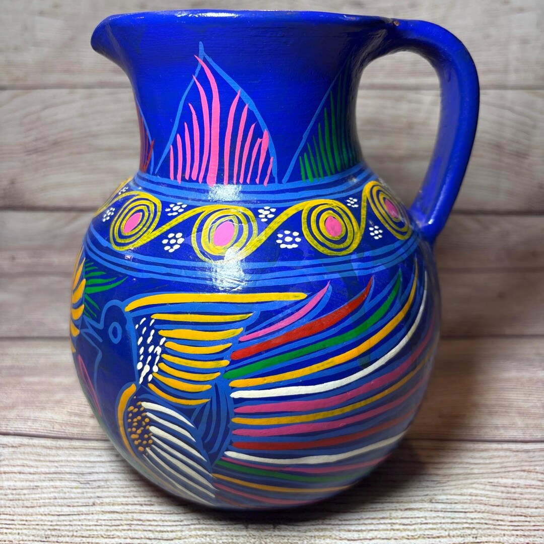 Vtg Terra Cotta Pottery Colorful Mexico Birds Floral Folk Art Pitcher ...