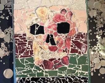 Handmade mosaic art, flower skull