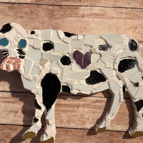 Handmade Mosaic Art, Cow with a Heart