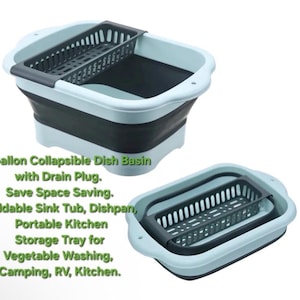 May include: A collapsible dish basin in light blue and dark gray, with a capacity of 2.91 gallons. It includes a drain plug and a removable dish rack. The basin is shown both open and collapsed, highlighting its space-saving design. Text on the image reads: Collapsible Dish Basin.