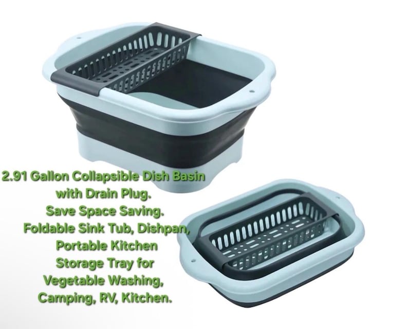 May include: A collapsible dish basin in light blue and dark gray, with a capacity of 2.91 gallons. It includes a drain plug and a removable dish rack. The basin is shown both open and collapsed, highlighting its space-saving design. Text on the image reads: Collapsible Dish Basin.
