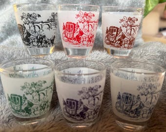6 1960's Shot Glasses Toile French Frosted Glass Vintage Bar Barware Carriage Ships Bridges Colors  2"  Free Shipping