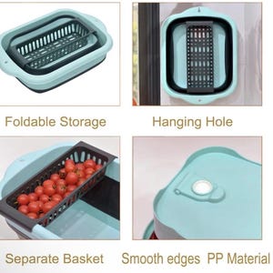 May include: A collapsible, light blue and black rectangular dish drainer with a separate dark gray basket. The drainer has smooth edges and a hanging hole. The text "Foldable Storage", "Hanging Hole", "Separate Basket", and "Smooth edges PP Material" are visible.