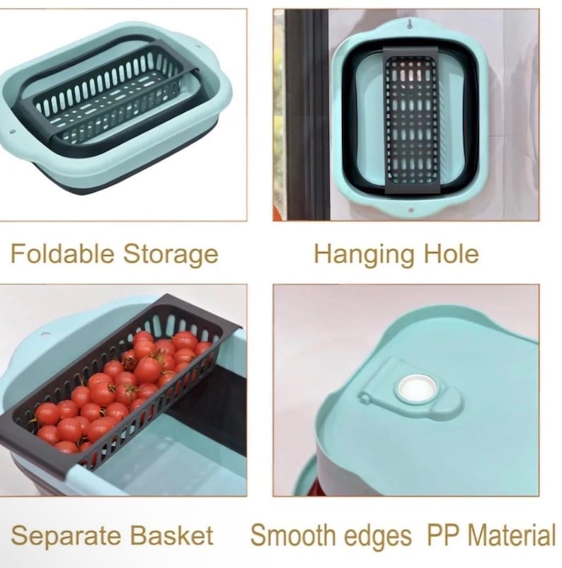May include: A collapsible, light blue and black rectangular dish drainer with a separate dark gray basket. The drainer has smooth edges and a hanging hole. The text "Foldable Storage", "Hanging Hole", "Separate Basket", and "Smooth edges PP Material" are visible.