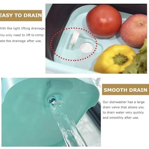 May include: A light blue collapsible dish tub with a drain valve, containing a red tomato, a yellow bell pepper, and an apple. The text "EASY TO DRAIN" and "SMOOTH DRAIN" are visible.