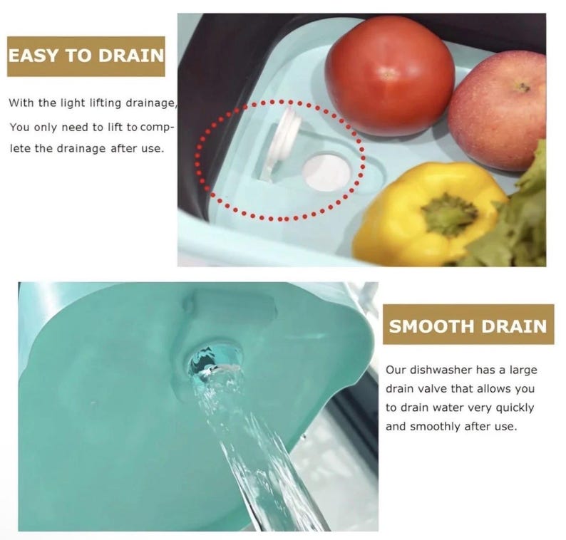 May include: A light blue collapsible dish tub with a drain valve, containing a red tomato, a yellow bell pepper, and an apple. The text "EASY TO DRAIN" and "SMOOTH DRAIN" are visible.