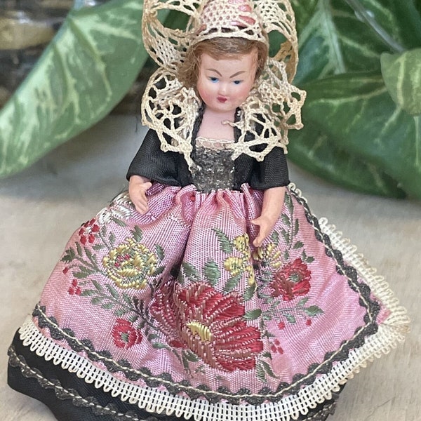 German Celluloid Girl Doll Beautiful Traditional Dress & Headpiece Doll Mini 4" Woman Germany Vintage Doll Free Shipping Mothers Day Gift