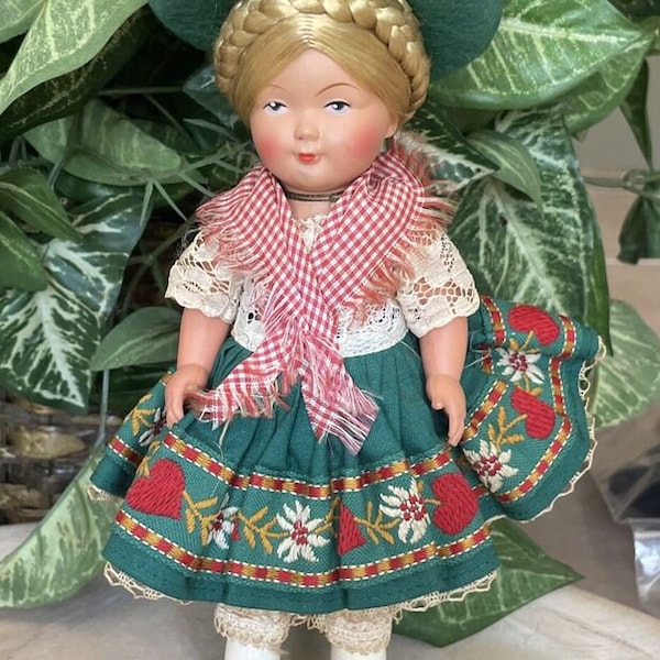 Schmider Trachten DOLL Puppen Celluloid Folk Vintage German Doll Bavarian Costume Traditional Dirndl Outfit Mothers Day Gift Free Shipping