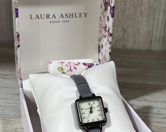 Laura Ashley Watch LA2075GN 20mm Square Dial Case Vegan Faux Leather Strap Gray & Gunmetal Women's NEW IN Box New Battery