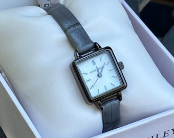 Laura Ashley Watch LA2075GN 20mm Square Dial Case Vegan Faux Leather Strap Gray & Gunmetal Women's NEW IN Box New Battery
