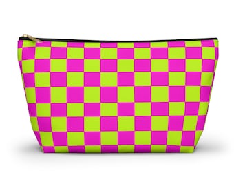 Vibrant Pink and Green Checkered Cosmetics Bag