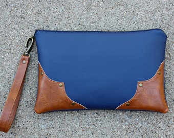 Blue Vegan Leather Clutch / Strap included