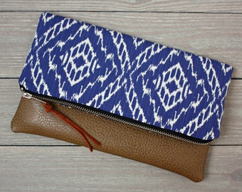 Blue Strie Ikat Foldover Clutch / Kindle Case