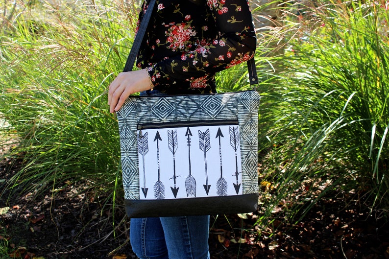 Southwestern Navajo Arrows fabric Bag with vegan Leather image 1