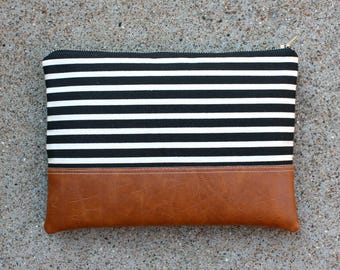 Black and Ivory Striped Canvas Clutch