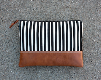 Black and Ivory Striped Canvas Clutch