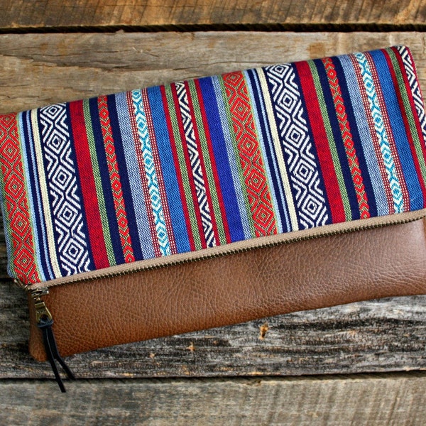 Southwestern Tribal Style Foldover Clutch / Aztec Navajo fabric Clutch