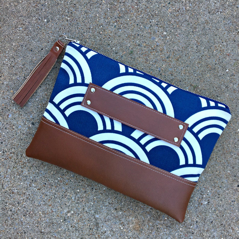 Blue and White Geometric Clutch / Kindle Case / Hand Handle Etsy
