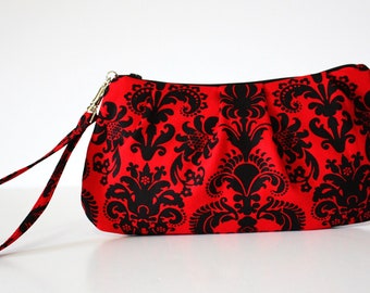 Zip and Go Wristlet / Red and Black Damask fabric