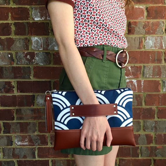 Blue and White Geometric Clutch / Kindle Case / Hand Handle Etsy