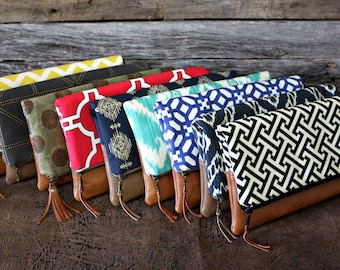 DESIGN YOUR OWN Foldover Clutch / You choose fabric and faux leather