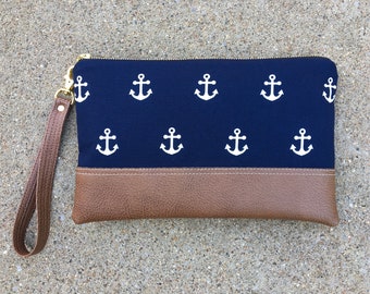 Nautical Navy Blue Clutch with White Anchors