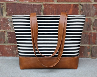 Black Stripe Bag with Faux Leather Straps