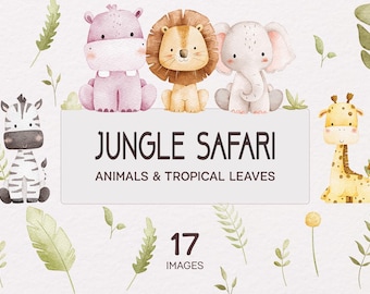 Animali della Giungla Safari e Foglie Tropicali – Set Clipart ad Acquerello – Baby Shower, Decorazioni per Nursery e Inviti per Feste