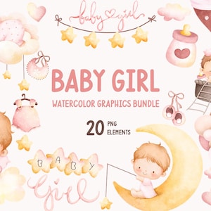 Watercolor Baby Girl Clipart: Pink Nursery Illustrations PNG Set