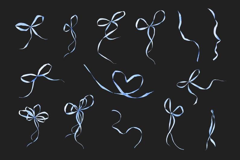 Watercolor Blue Bow Clipart: Coquette Ribbon PNG (digital Download, 25 ...