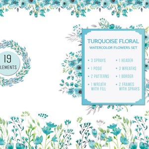 Teal Floral Watercolor Clipart Set: Blue Roses, Green Flowers (PNG & JPG Files)