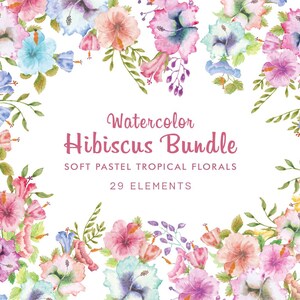 Puede incluir: Ilustración en acuarela de un paquete de hibiscos, con flores tropicales en colores pastel suaves. La imagen presenta flores de hibisco rosas, azules, melocotón y moradas, con hojas verdes. El texto dice "Watercolor Hibiscus Bundle" y "29 Elements."