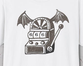 Lucky 666 Slot Machine Shirt, Weird Casino T-Shirt, Gothic Gambling Tee, Hand Drawn Devil Slot Tshirt, Edgy Bat Wing Graphic