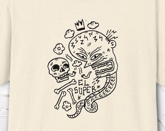 Skull Snake Man Tee, Gothic Graphic Tshirt, Alternative Weird Art Shirt, Monster Doodle Tee, Hand Drawn Design