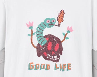 Good Life Skull Shirt, Weird Worm T-Shirt, Hand Drawn Gothic Tee, Edgy Skull Flower Tshirt, Quirky Dark Humor Graphic, 420 Skull Tshirt