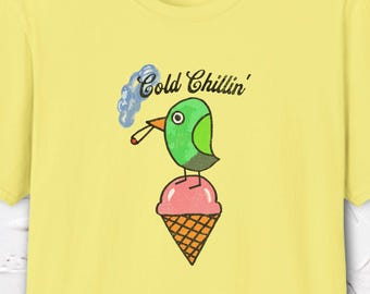 Cold Chillin Bird Shirt, Stoner Bird T-Shirt, Hand Drawn Ice Cream Tee, Smoking Bird Graphic Tshirt, Quirky Summer Shirt