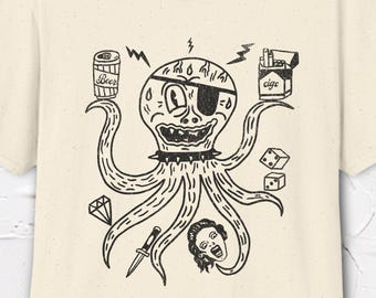 Bad Habits Octopus Shirt, Pirate Octopus Tee, Hand Drawn Weirdcore T-Shirt, Edgy Vice Graphic Tshirt, Alternative Punk Shirt