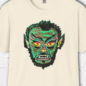Werewolf Shirt, Retro Horror Tee, Werewolf Face Shirt, Monster Graphic Tee, Hand Drawn Design image 1