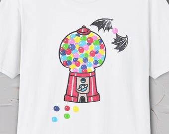 Gumball Machine Shirt, Spooky Candy Tee, Bat Graphic Shirt, Cute Halloween Tee, Hand Drawn Design, Demon Gumball Graphic Tee