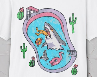 Shark Attack Pool Shirt, Funny Shark T-Shirt, Hand Drawn Weird Summer Tee, Dark Humor Beach Tshirt, Flamingo Pool Graphic Shirt