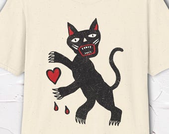 Psycho Cat Bleeding Heart Shirt, Edgy Dark Art Graphic Tee, Weird Cat Shirt, Gothic Cat Tee, Feral Cat Shirt, Hand Drawn Design
