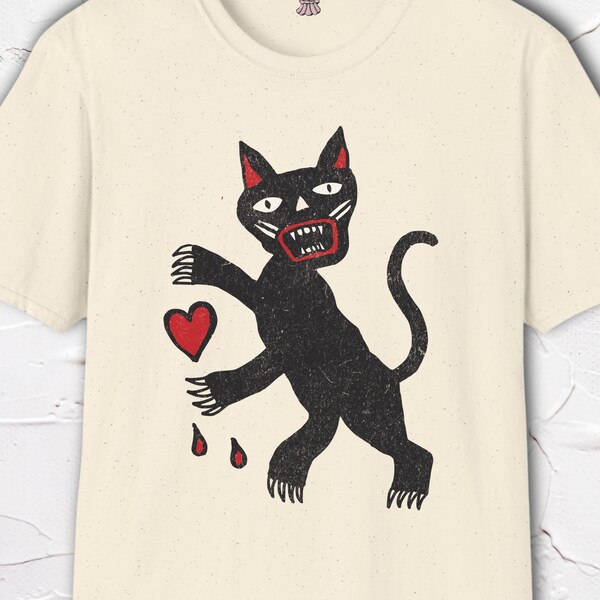 Psycho Cat Bleeding Heart Shirt, Edgy Dark Art Graphic Tee, Weird Cat Shirt, Gothic Cat Tee, Feral Cat Shirt, Hand Drawn Design