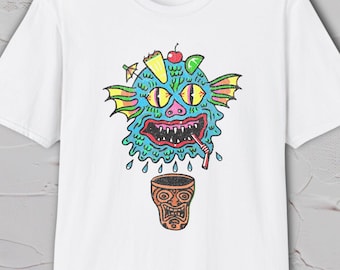 Monster Shirt, Psychedelic Graphic Tee, Tiki Creature Shirt, Weirdcore Monster Tee, Hand Drawn Design, Retro Beach Style Art Tee