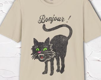 Bonjour Black Cat Shirt, Funny Cat Graphic Tee, French Cat Shirt, Cute Goth Cat Shirt, Cat Lover Gift, Hand Drawn Cat Tee