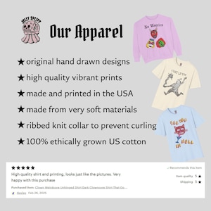 May include: Image of apparel including a pink sweatshirt, cream t-shirt, and light blue t-shirt. Text reads "Our Apparel", "original hand drawn designs", and "made in the USA".